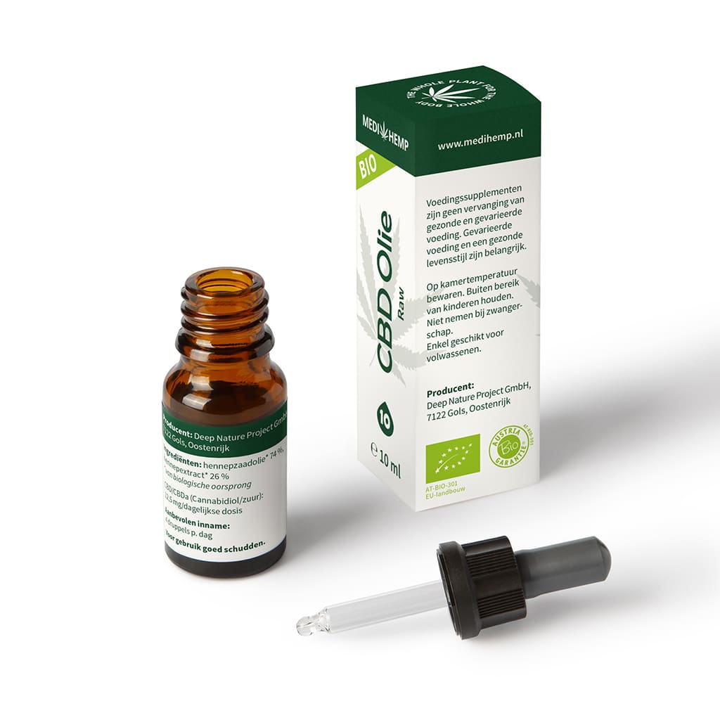 A bottle of Medihemp CBD Oil RAW 10% (10ml) next to a box.