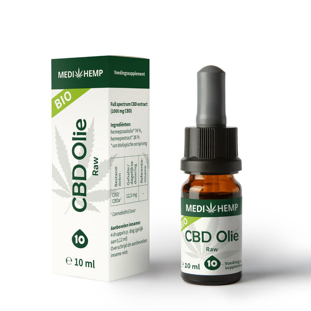 Medihemp CBD Oil RAW 10% (10ml) with a box next to it.