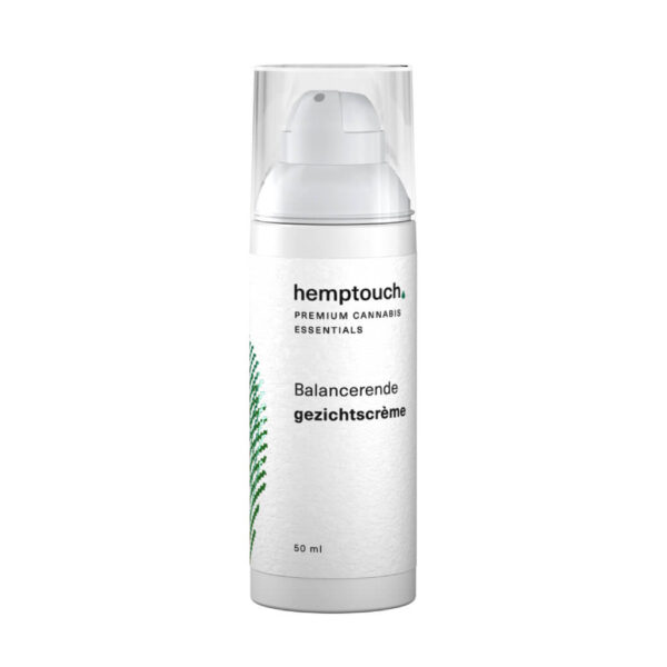 A bottle of Hemptouch balancing face cream with CBD (50 ml/50 mg) on a white background.