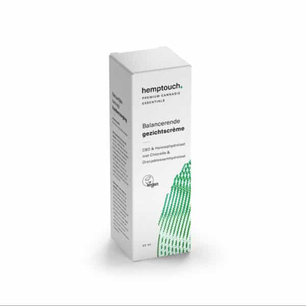 A box of Hemptouch balancing face cream with CBD (50 ml/50 mg) on a white background.