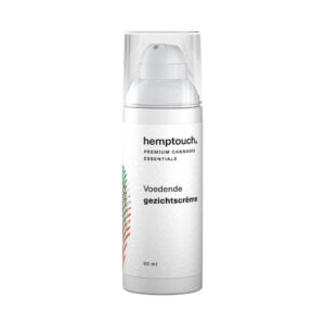 A bottle of Hemptouch nurturing face cream with CBD (50 ml/50 mg) on a white background.