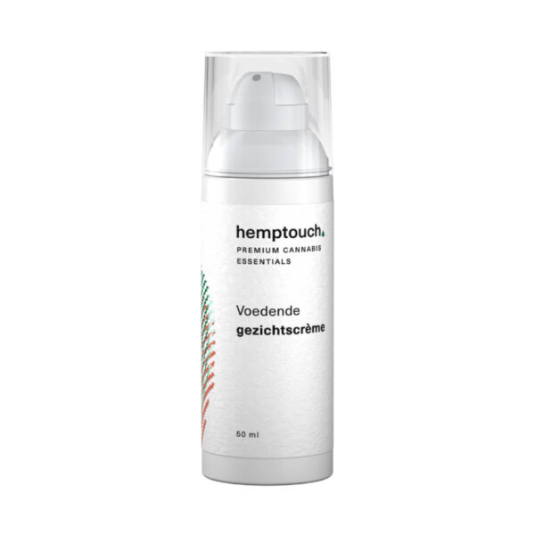 A bottle of Hemptouch nurturing face cream with CBD (50 ml/50 mg) on a white background.