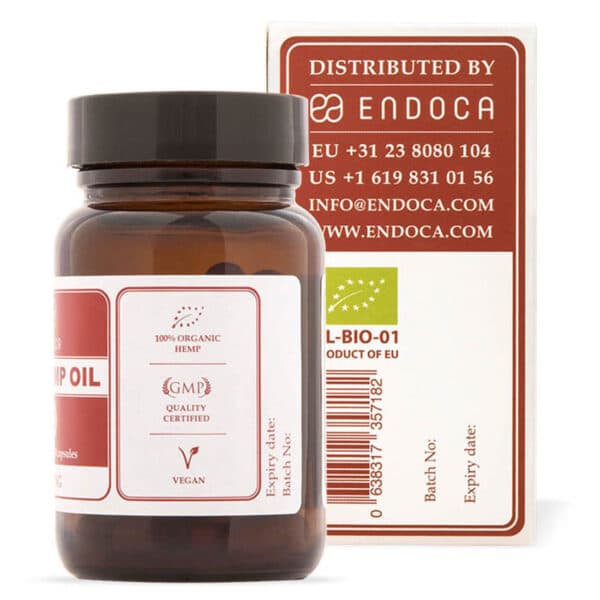 A bottle of Endoca CBD Capsules 15% (30 pcs) with a box next to it.