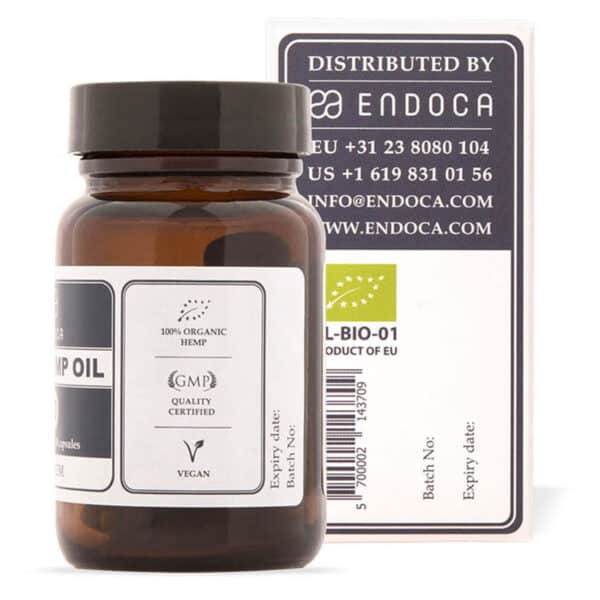 A bottle of Endoca CBD Capsules 3% (30 pcs) next to a box.