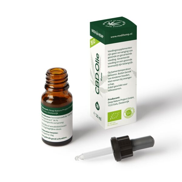 A bottle of Medihemp CBD Oil RAW 18% (10ml) next to a box.