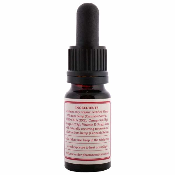 A bottle of Endoca CBD Oil 15% (10ml) with a label on it.
