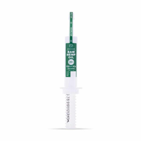 A green and white Endoca CBD Paste 20% (2000mg CBD) syringe on a white background.