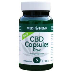 Medihemp CBD Capsules 5% (25 mg) en capsules de chanvre CBD brut.