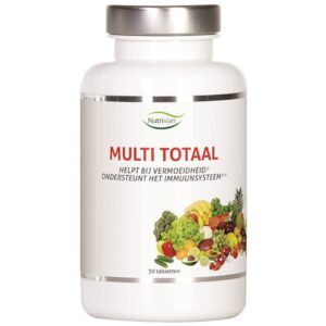 Une bouteille de Nutrivian Multi Total (60 pièces) avec des fruits et légumes.