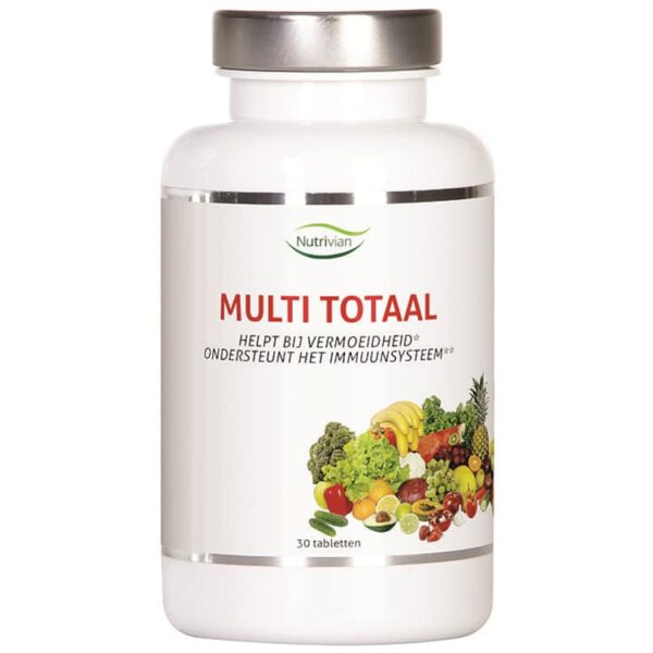 A bottle of Nutrivian Multi Total (60 pieces) with fruits and vegetables.