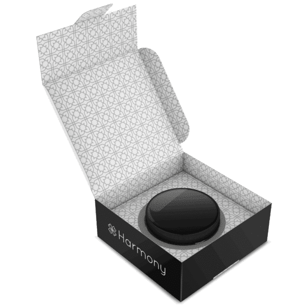 A black Harmony CBD Crystals (99% Pure CBD) button in a box on a white background.
